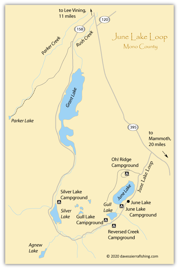Map of lakes in the June Lake Loop in Mono County, California