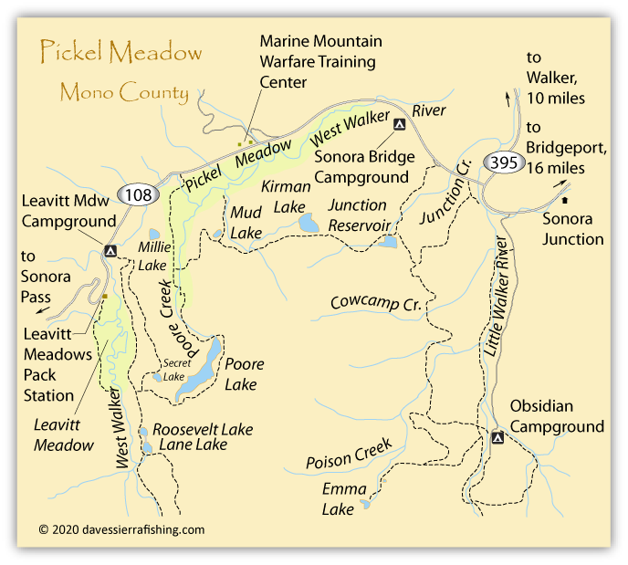 Map of Pickel Meadow, Leavitt Meadow and surrounding lakes and streams, Mono County, California