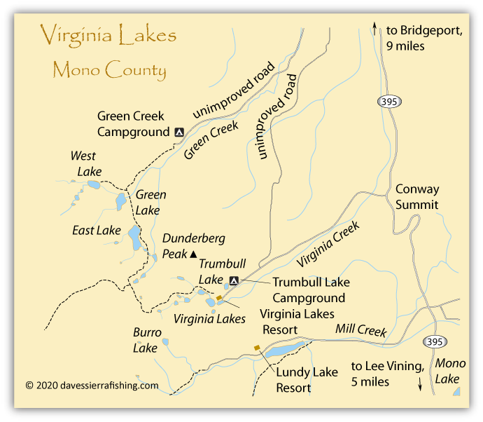 Map of Virginia Lakes, Lundy Lake, and surrounding streams, Mono County, California