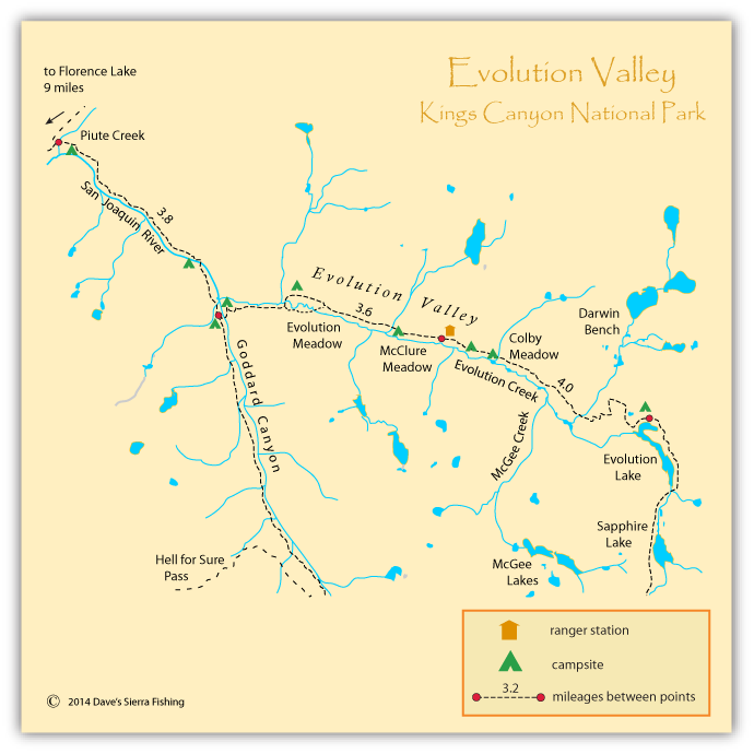 Map of Evolution Valley, Kings Canyon National Park, CA