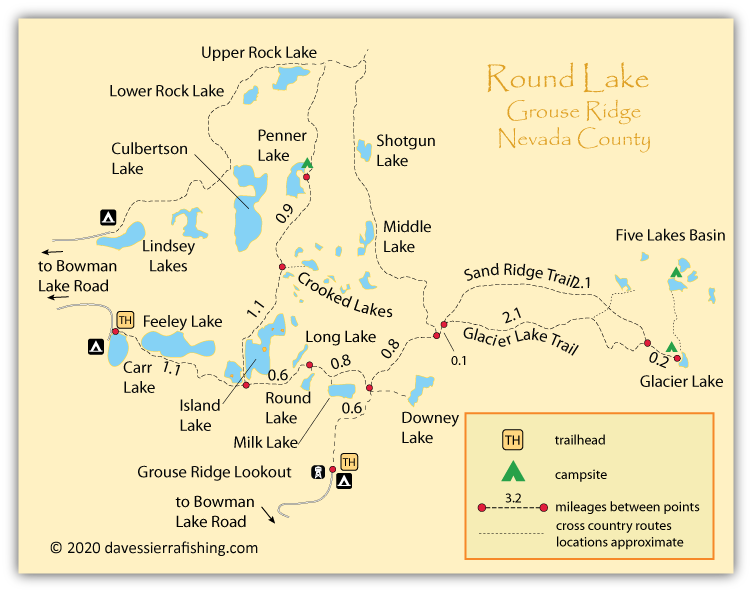 Round Lake map, showing  Grouse Ridge trails and lakes, Nevada County, California