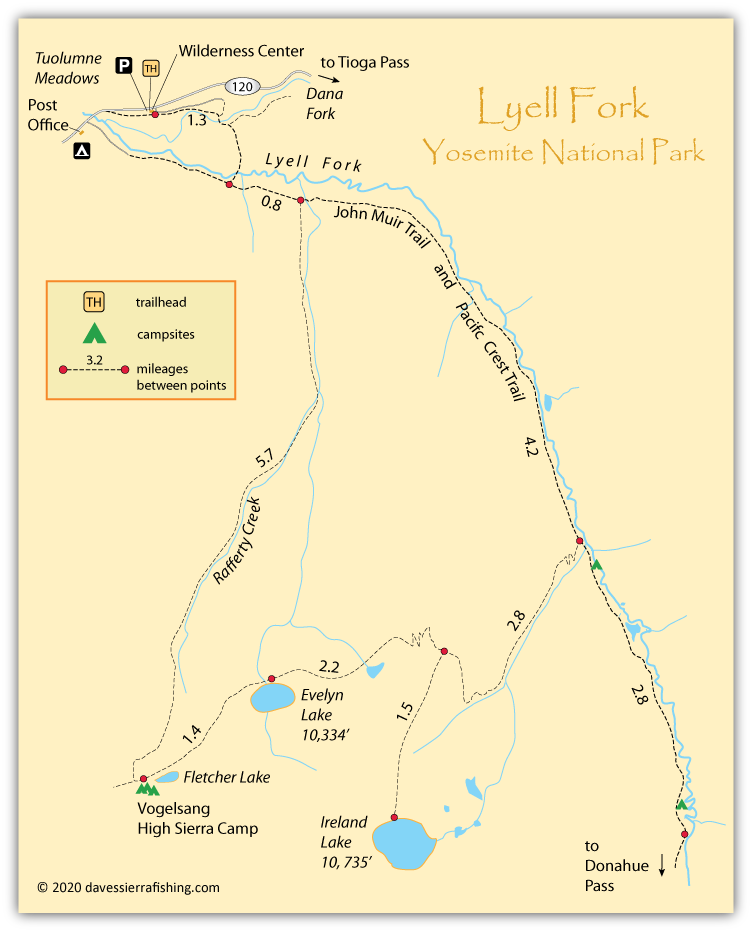 Lyell Fork Fishing Map, showing trails, rivers, and lakes from Tuoumne Meadows up Lyell Canyon to the foot of Donohue Pass, Yosemite National Park, California.