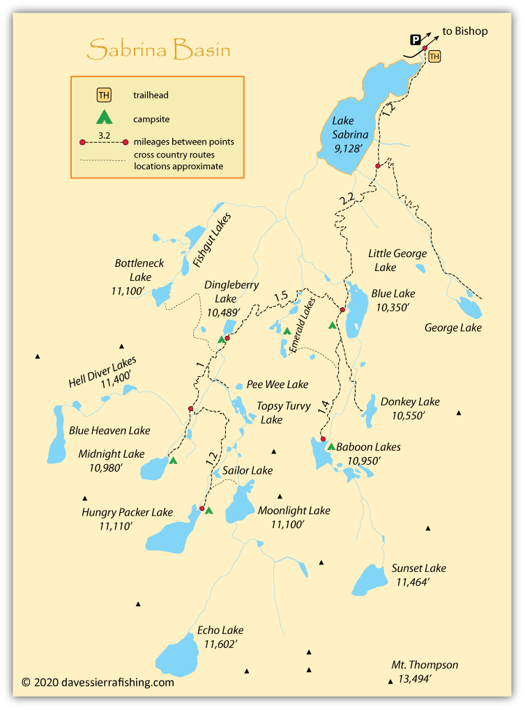 Map of trails in the Sabrina Basin, John Muir wilderness, CA