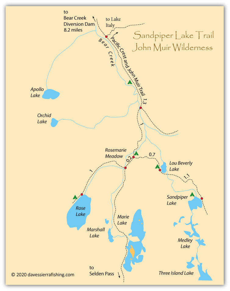 Sandpiper Lake map, showing  the trail from the Lake Italy junction to Rose Lake and other nearby lakes, Fresno  County, California