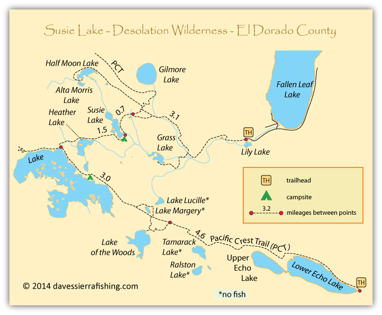 Susie Lake Map, trails, lakes, and streams in the Desolation Wilderness, California.