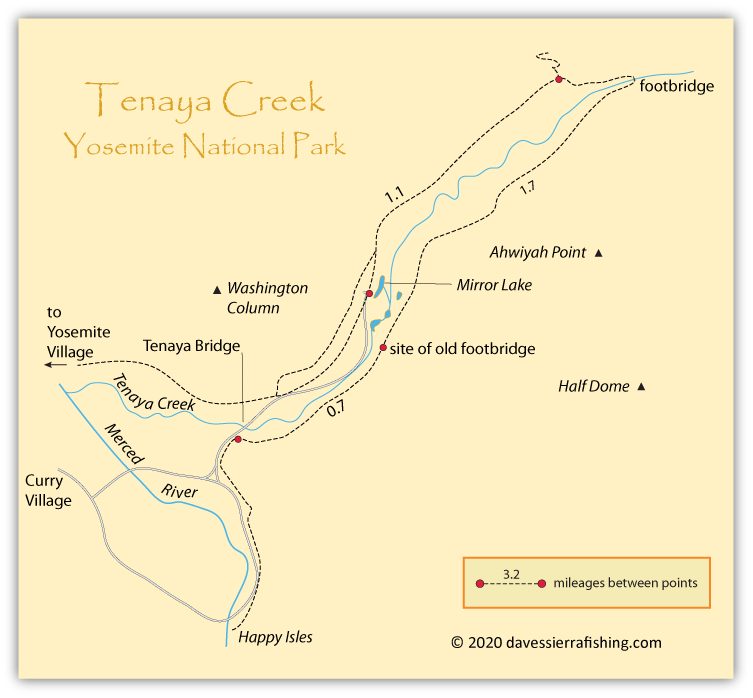 Tenaya Creek Map, showing creeks and rivers, roads and trails leading to Mirror Lake and up Tenaya Creek, Yosemite Valley, California.