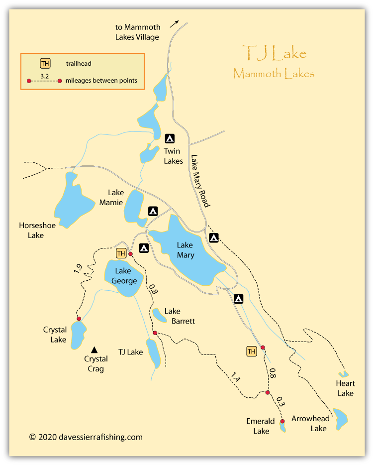TJ Lake Map, showing trails, roads, and lakes in Mammoth Lakes, California.