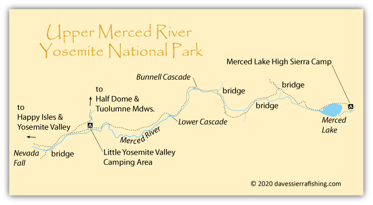 Upper Merced River Map, showing trails from Little Yosemite Valley to Merced Lake, Yosemite National Park, California.