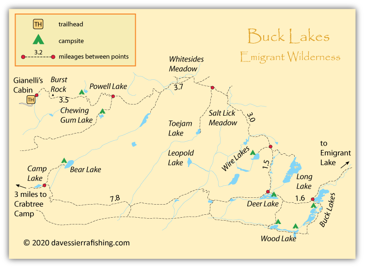 Buck Lakes Map, Emigrant Wilderness, CA