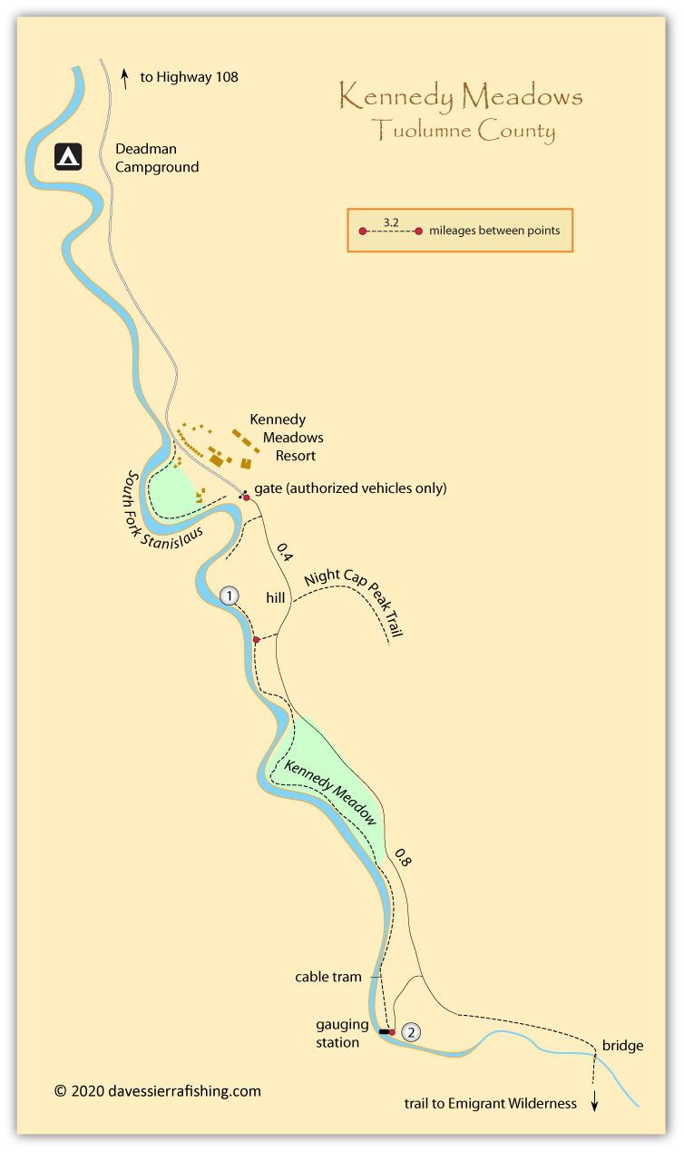 Map of fishing spots along the Stanislaus River at Kennedy Meadows, Tuolumne County, CA